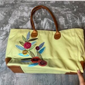 J Jill Canvas Leather Trim Tote Bag Floral Applique Large Everyday Shoulder Bag